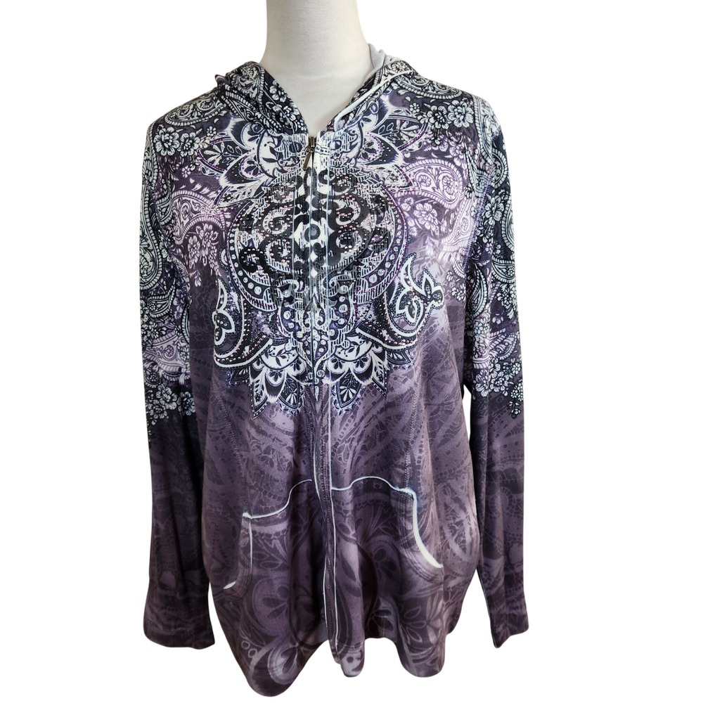 Zenergy Chicos Purple Paisley Rhinestone Zip Up Hoodie Top Size 3 XL Boho Soft